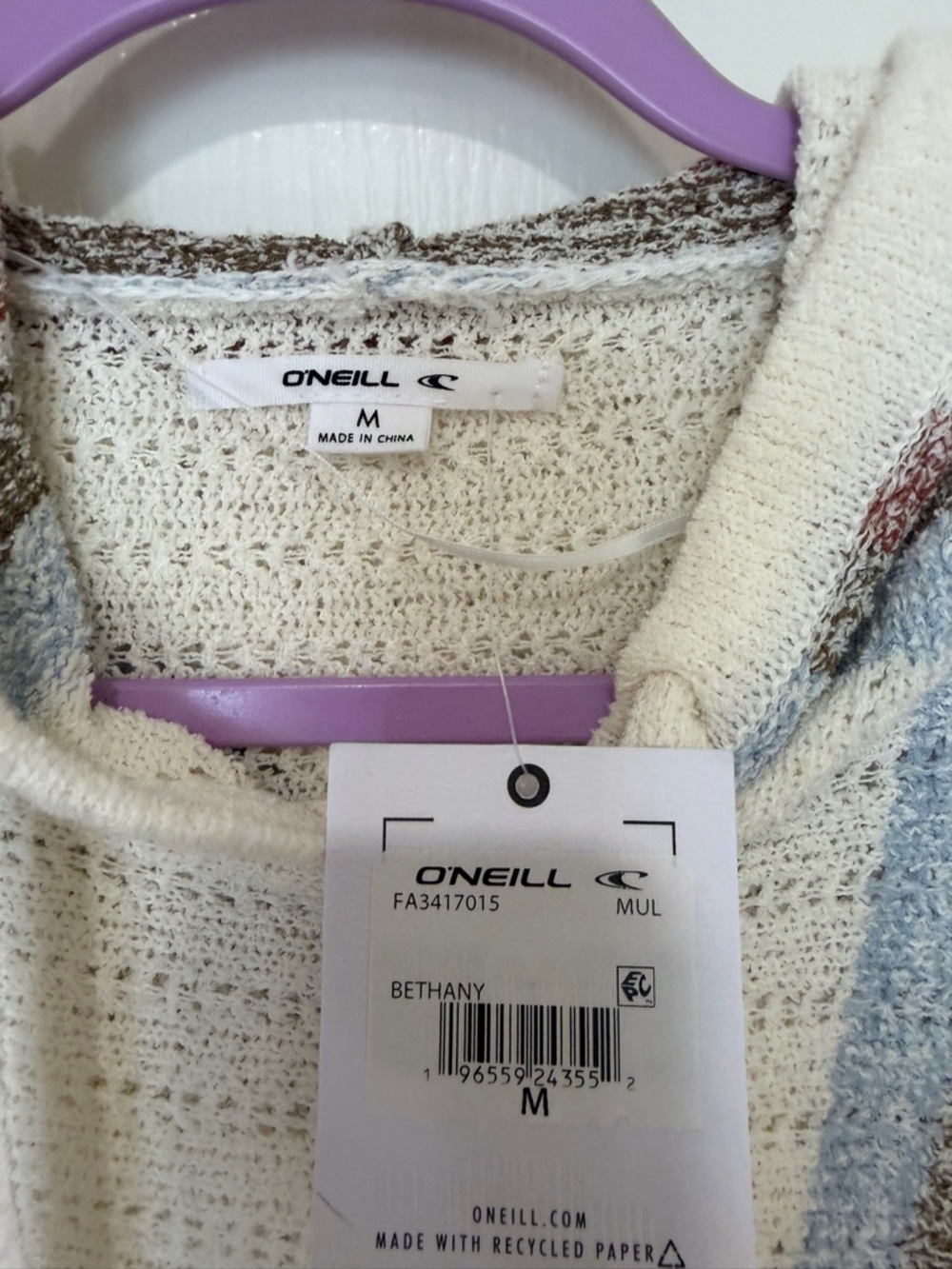 O’Neill Hooded Knit Sweater NWT Size M Cream Striped Boho Pullover - Picture 2 of 5